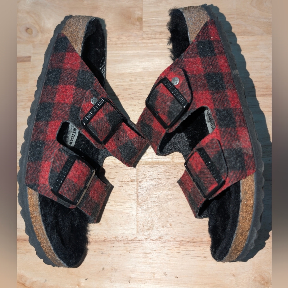 Birkenstock Arizona Shearling Plaid Sandals - Picture 3 of 8